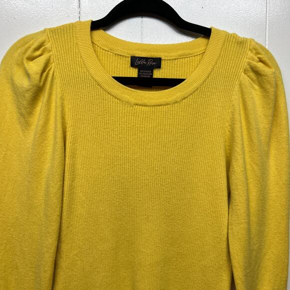 Lolla Rose Puff Shoulder Women's Ribbed Yellow Sweater Size Medium Stretch - Picture 3 of 10